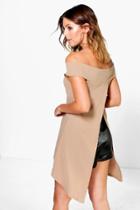 Boohoo Molly Textured Off The Shoulder Split Back Top Camel