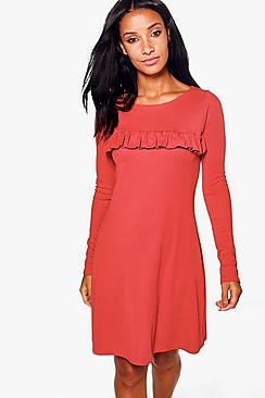 Boohoo Quinn Rib Frill Swing Dress