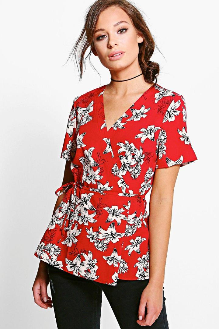 Boohoo Molly Printed Peplum Top Wine