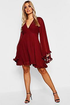 Boohoo Plus Dobby Chiffon Wide Sleeve Skater Dress