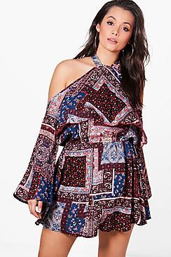 Boohoo Plus Janey Paisley Print Halter Tie Woven Playsuit