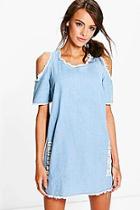 Boohoo Carly Cold Shoulder Fray Denim Dress