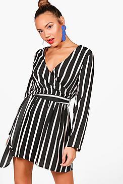 Boohoo Elizabeth Double Wrap Stripe Skater Dress