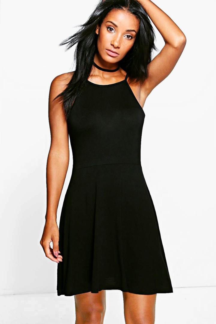 Boohoo Maya 90s High Neck Skater Dress Black