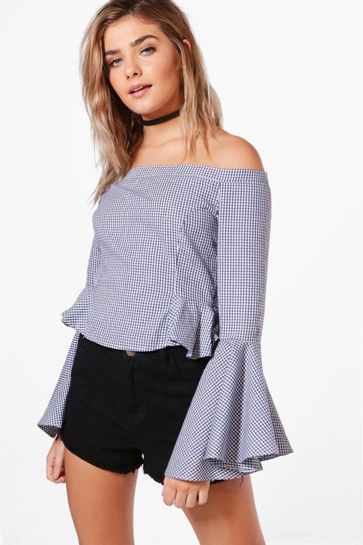 Boohoo Emily Button Front Off The Shoulder Chambray Top Blue