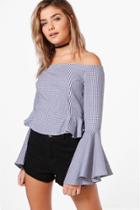 Boohoo Emily Button Front Off The Shoulder Chambray Top Blue