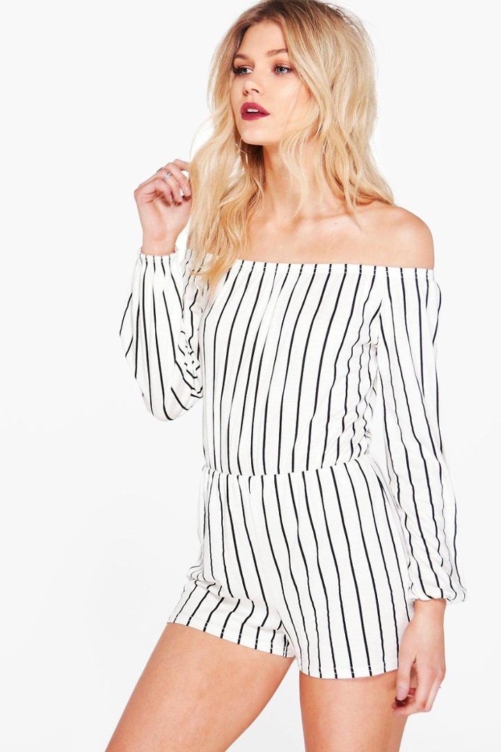 Boohoo Petite Emma Stripe Off The Shoulder Playsuit White