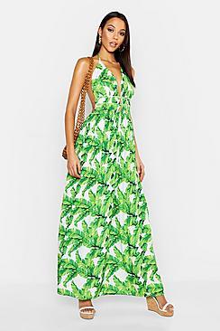 Boohoo Tall Plunge Front Palm Print Maxi Dress