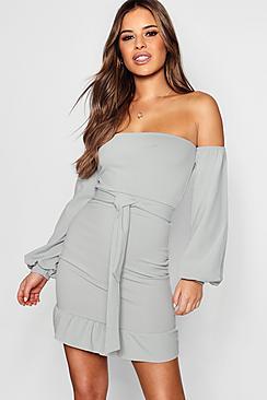 Boohoo Petite Bishop Sleeve Bandeau Frill Hem Mini Dress