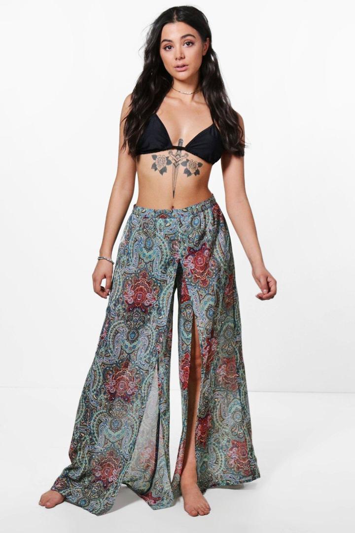 Boohoo Savannah Paisley Split Leg Beach Trouser Multi