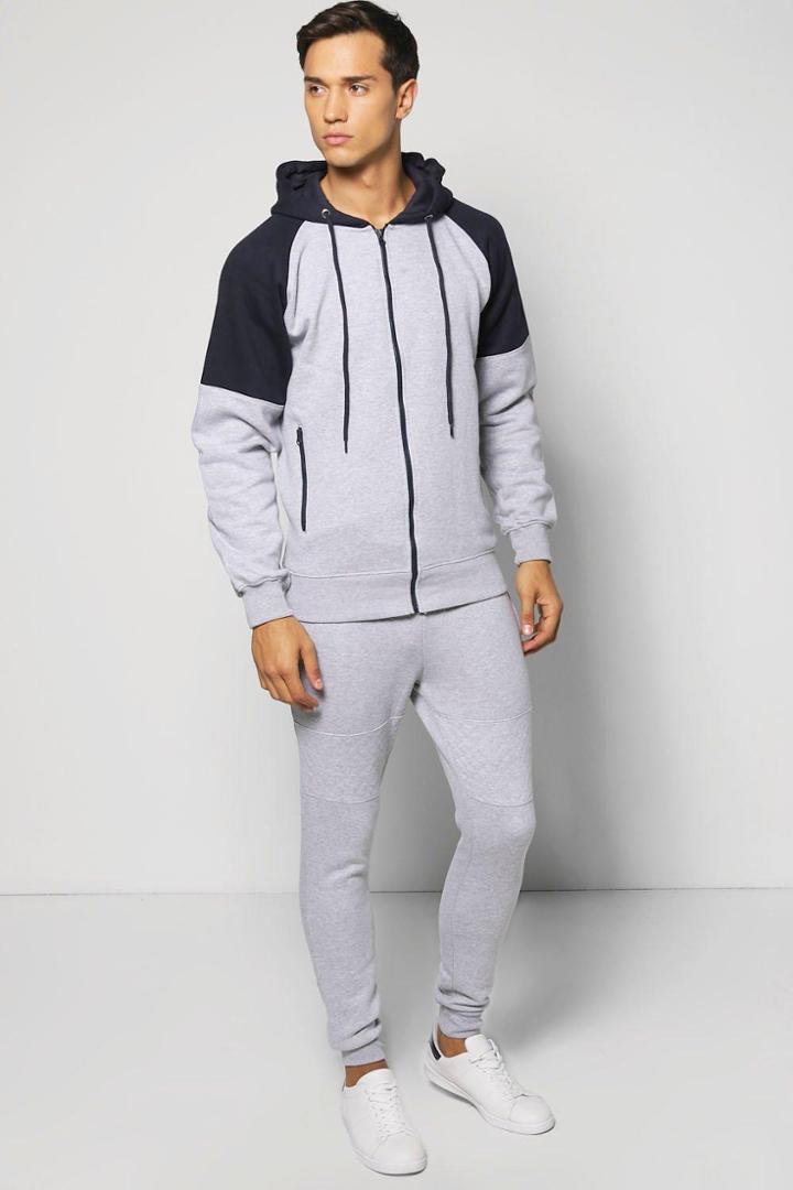 Boohoo Raglan Hooded Tracksuit Grey