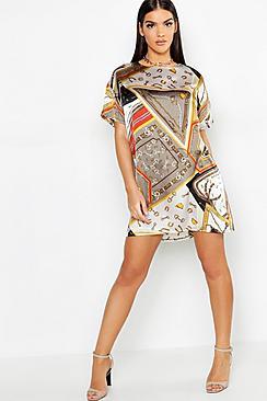 Boohoo Satin Chain Print Woven Shift Dress