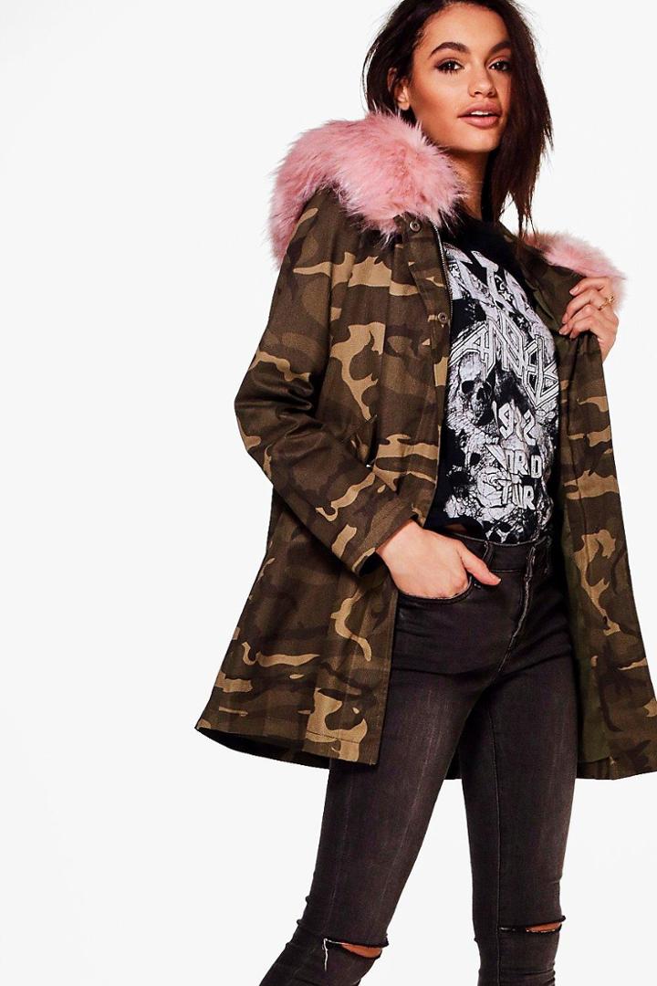 Boohoo Ashleigh Boutique Camo Faux Fur Hood Parka Rose