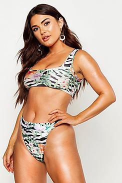 Boohoo Tropical Zebra Scoop Crop Bikini