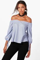 Boohoo Tall Eliza Off The Shoulder Tie Sleeve Blouse Blue
