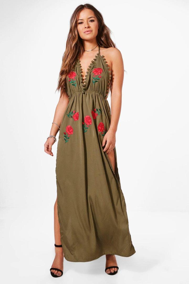 Boohoo Petite Yasmine Embroidered Pom Pom Maxi Dress Khaki