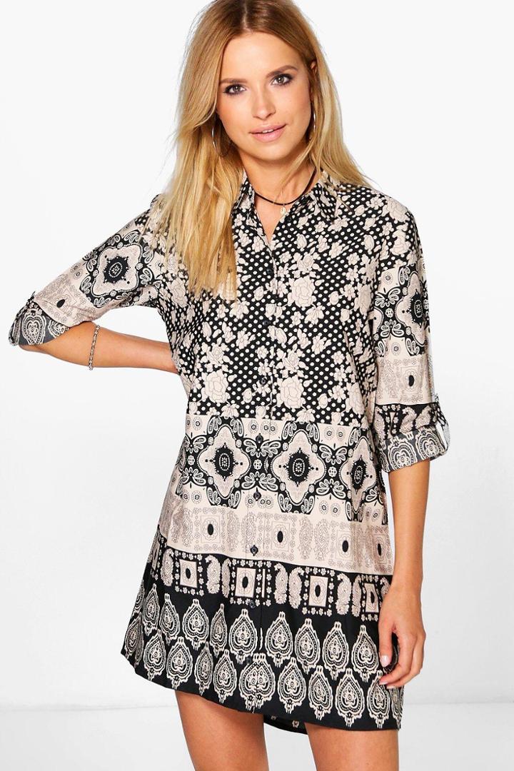 Boohoo Isabella Paisley Print Shirt Dress Black