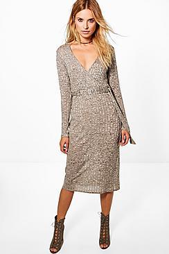 Boohoo Kat Ribbed Bow Front Wrap Dress