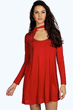 Boohoo Tara Tie Neck Slinky Rib Swing Dress