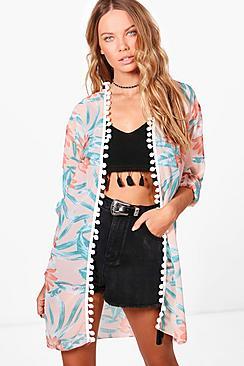 Boohoo Mia Pom Pom Trim Tropical Kimono