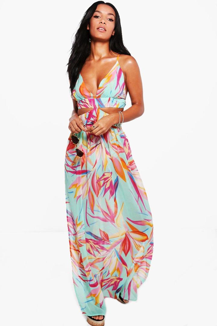 Boohoo Anna Tropical Leaf Cut Out Beach Dress Multi