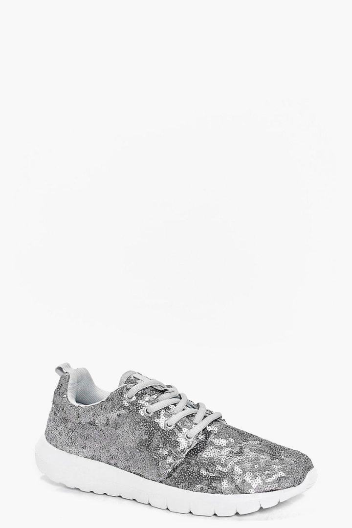 Boohoo Sophie Sequin Runner Trainer Silver