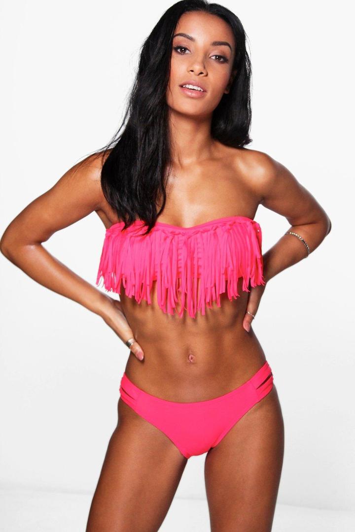 Boohoo Olivia Fringed Bandeau Bikini Coral