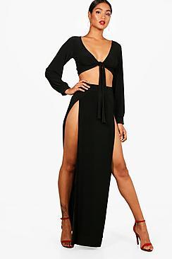 Boohoo Slinky Tie Crop And Split Maxi Skirt