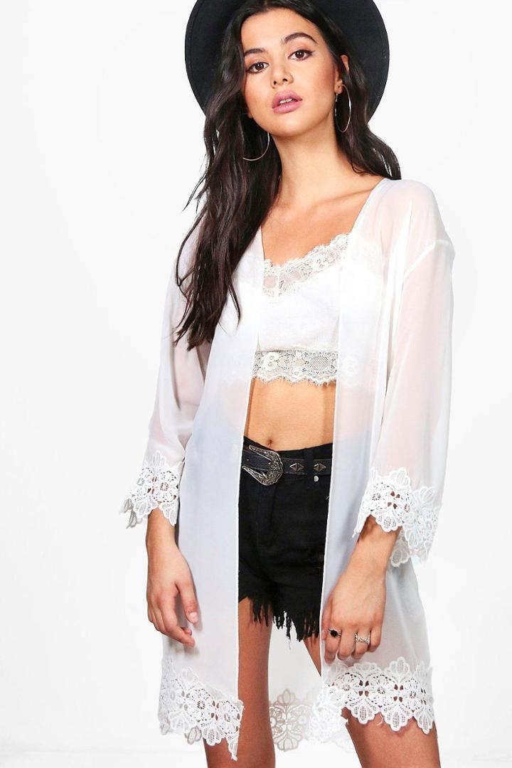Boohoo Phoebe Lace Trim Kimono Cream
