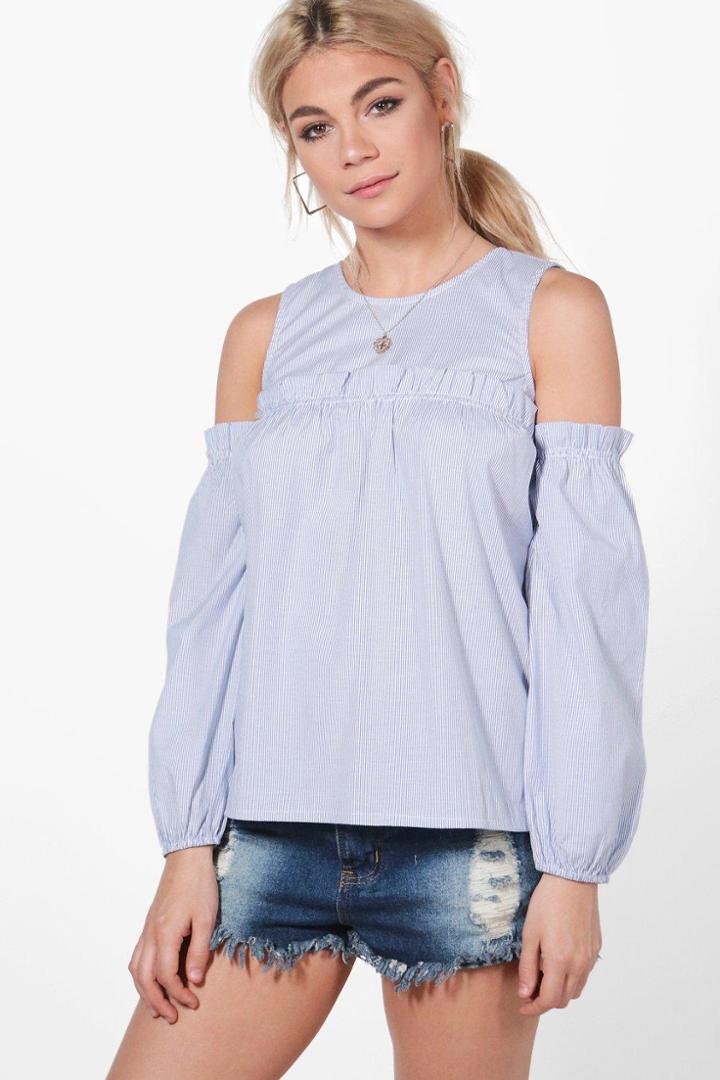 Boohoo Rebecca Cold Shoulder Stripe Ruffle Top Blue