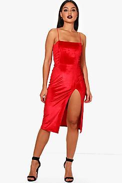 Boohoo Flo Velvet Square Neck Side Split Midi Dress