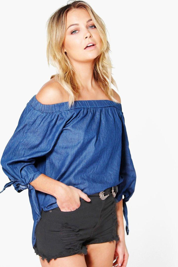 Boohoo Ava Off The Shoulder Tie Sleeve Denim Top Blue