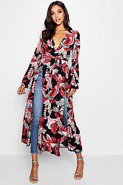 Boohoo Palm Print Flared Sleeve Kimono