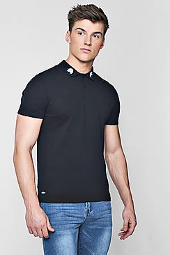 Boohoo Pique Polo With Rose Embroidered Collar