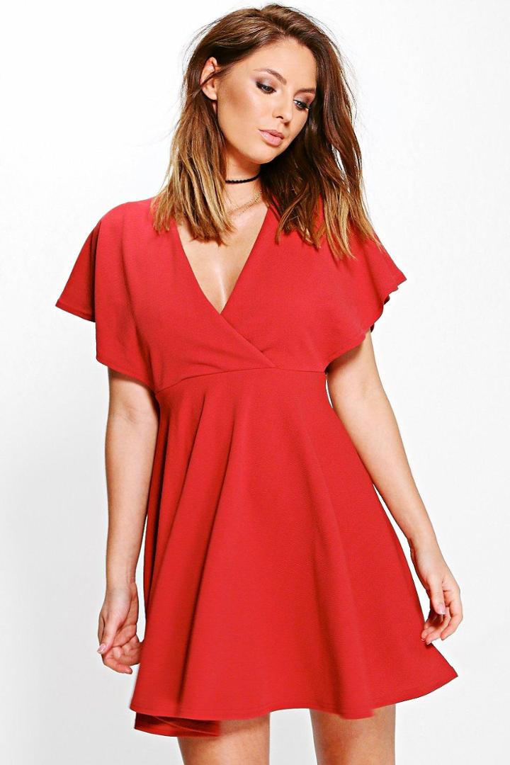 Boohoo Melanie Wrap Skater Dress Cinnamon
