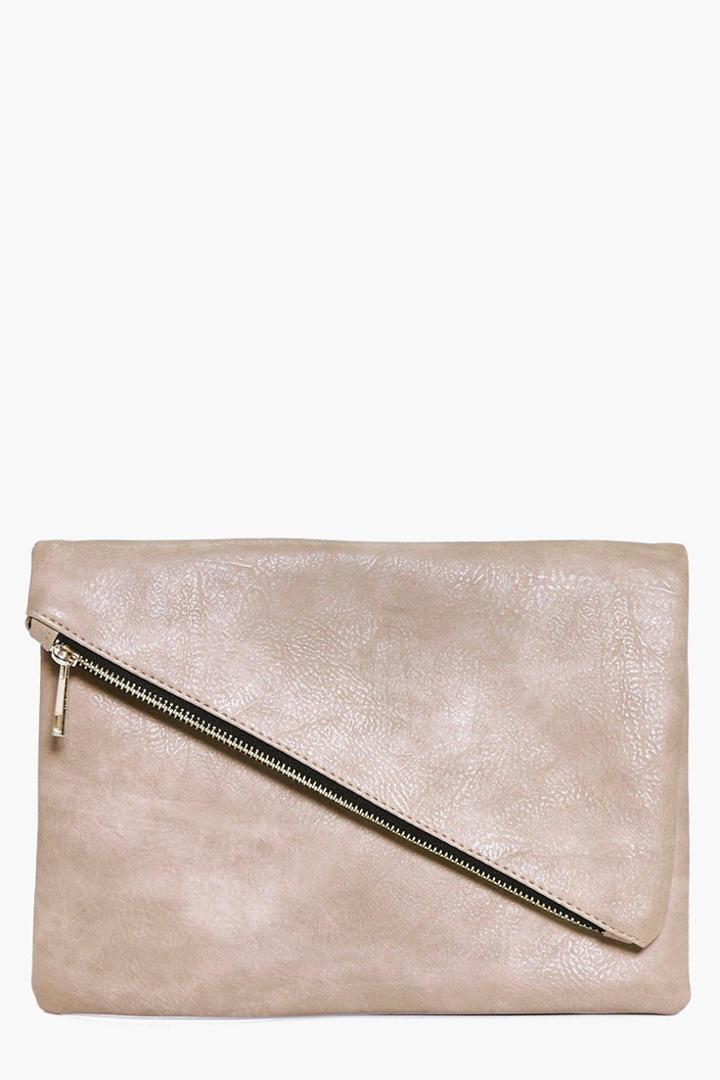 Boohoo Madeleine Fold Over Diagonal Zip Clutch Bag Taupe