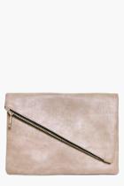 Boohoo Madeleine Fold Over Diagonal Zip Clutch Bag Taupe
