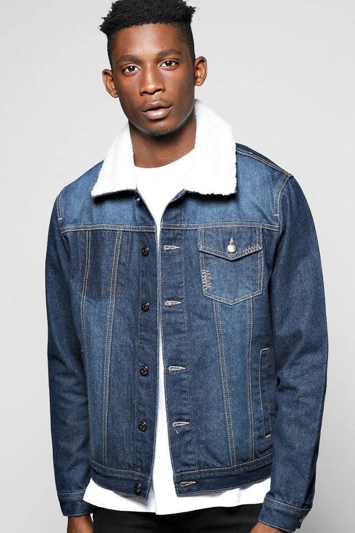 Boohoo Jean Jacket With Borg Collar Indigo