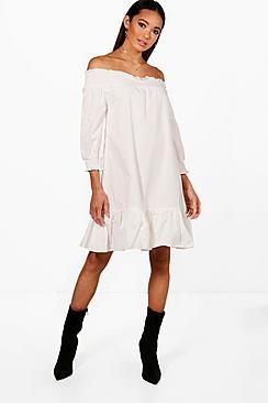 Boohoo Shirred Off The Shoulder Shift Dress