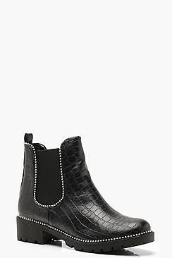 Boohoo Croc Stud Detail Chunky Chelsea Boots