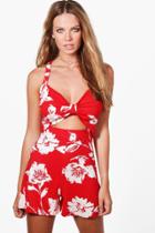 Boohoo Heather Tie Front Floral Playsuit Red