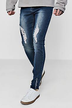 Boohoo Antique Wash Super Skinny Jeans With Raw Hem