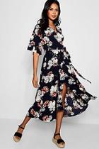 Boohoo Fliss Flare Sleeve Wrap Front Floral Maxi Dress