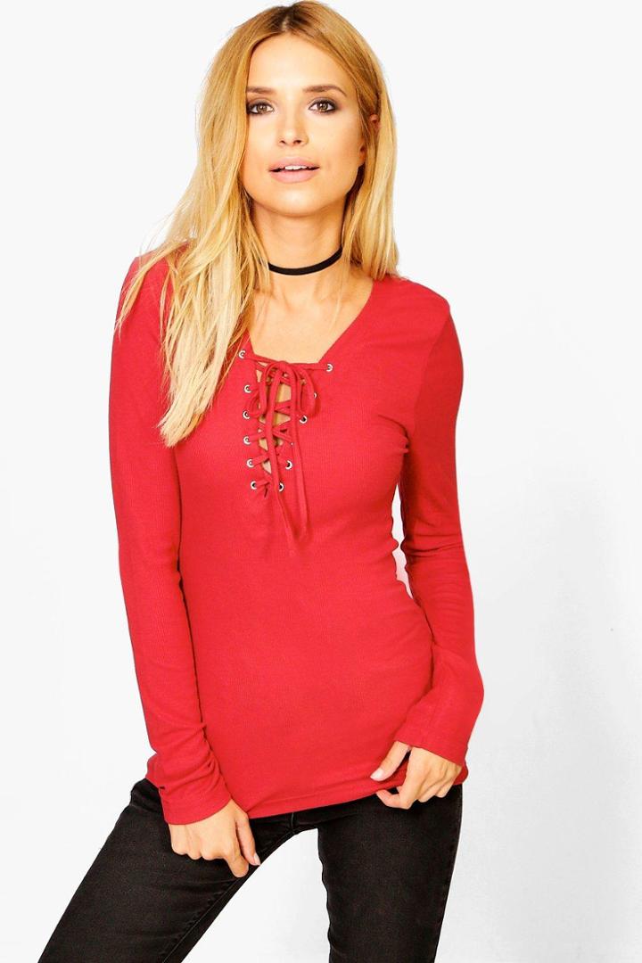 Boohoo Bethany Long Sleeved Ribbed Lace Up T-shirt Rust