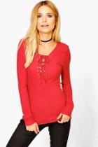 Boohoo Bethany Long Sleeved Ribbed Lace Up T-shirt Rust