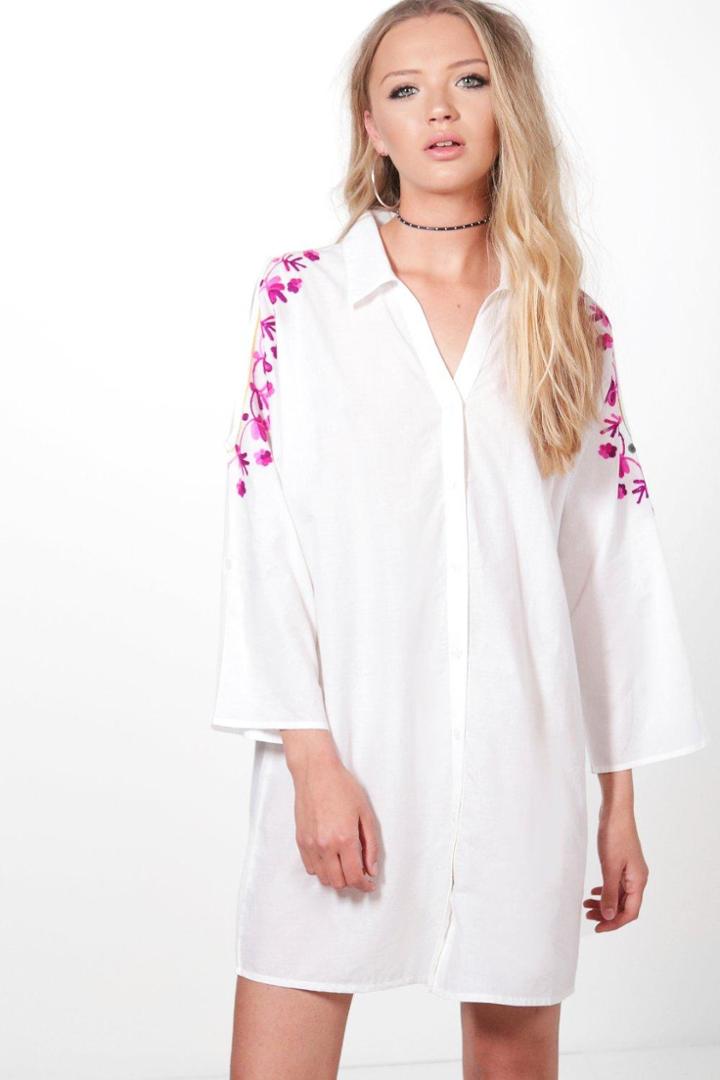 Boohoo Maisy Cold Shoulder Embroidered Shirt Dress White