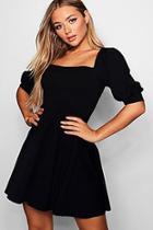 Boohoo Square Neck Puff Sleeve Skater Dress