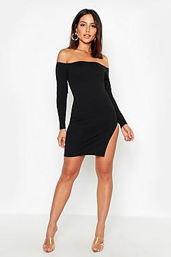 Boohoo Thigh Split Off The Shoulder Bodycon Dress
