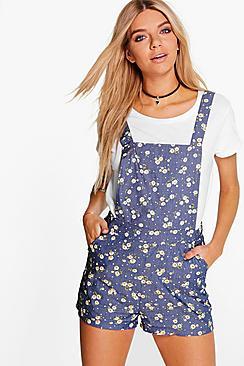 Boohoo May Floral Print Denim Playsuit