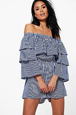 Boohoo Mia Extreme Ruffle Striped Playsuit